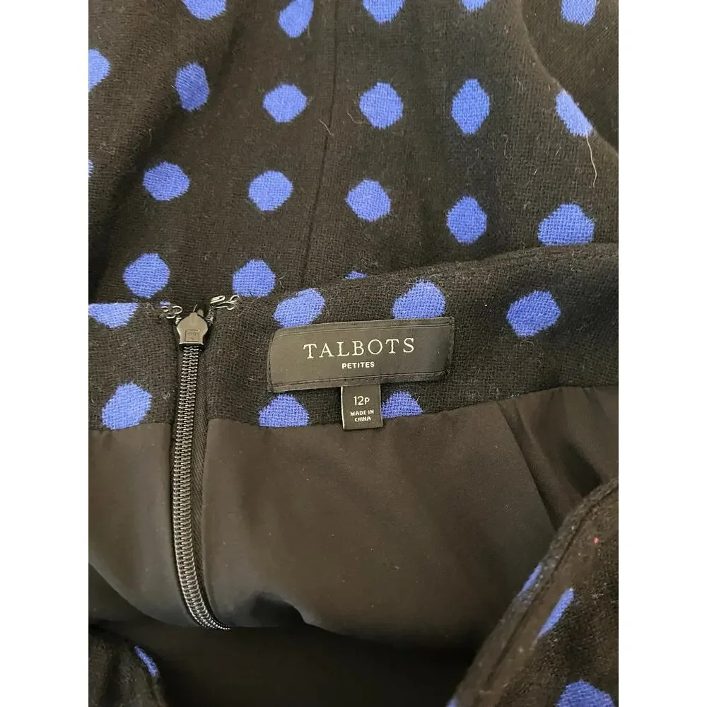 Talbots Wool Blend Black and Blue Polka Dot Pencil Skirt Size 12 Petite